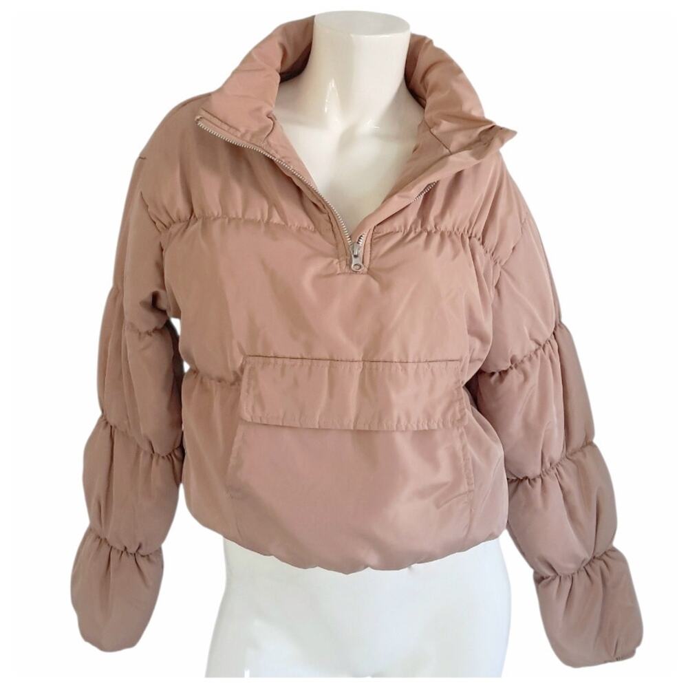 ANWND Nude Pink Cropped Puffer Jacket Size S Kangaroo Pocket Spring Streetwear
